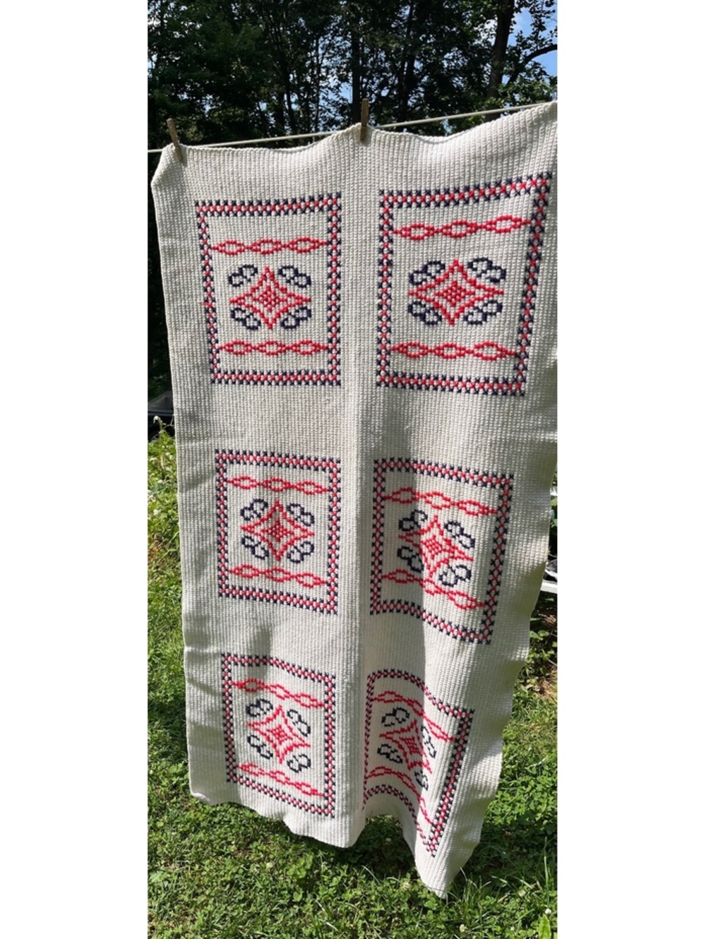 35x66” Red White & Blue Tight Knit Hippy Boho Afghan Mid Century Modern Blanket